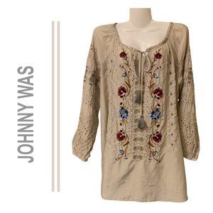 Johnny Was Workshop "Angelique" Embroidered Eyelet Peasant Blouse Size X…